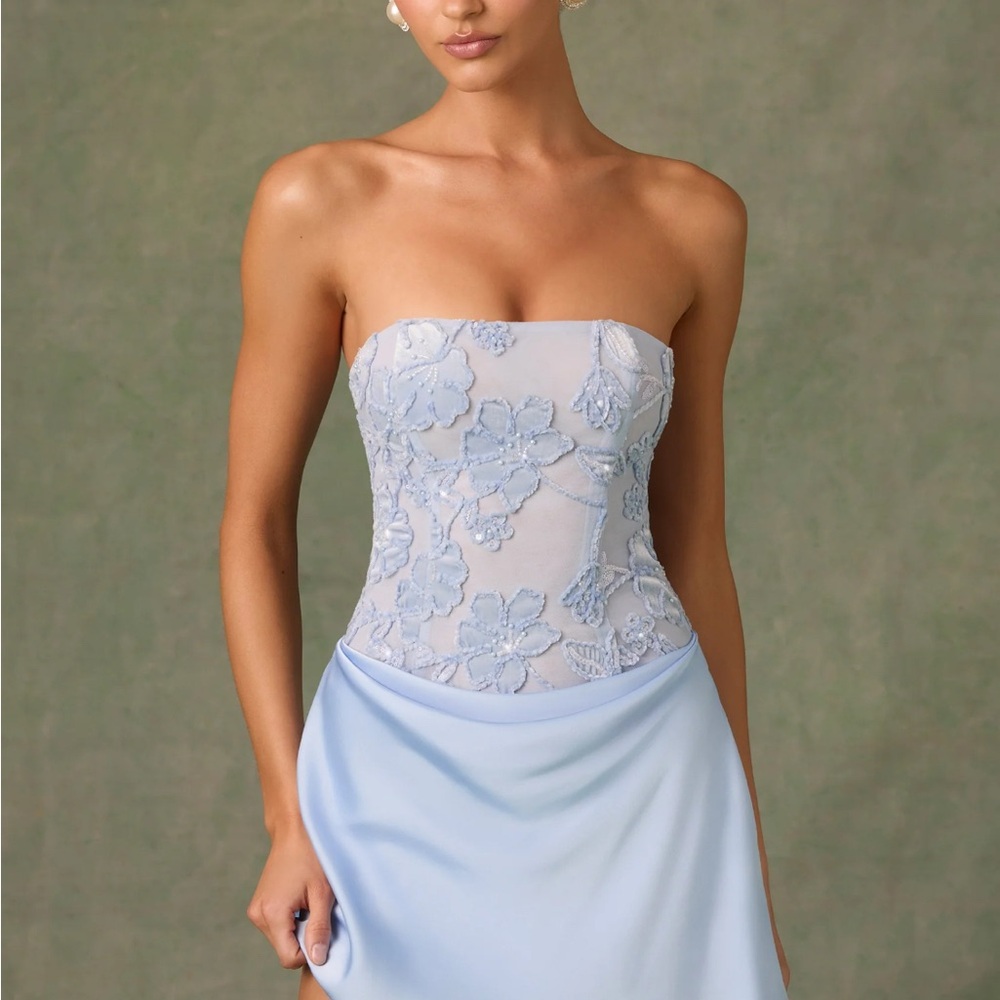 Eden Embellished Draped Strapless A-Line Mini Dress in Sky Blue BNWT